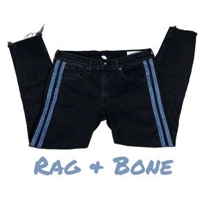 Rag & Bone Dre Jeans Black Blue Side Stripes Denim Raw Unhemmed Jeans Size 27